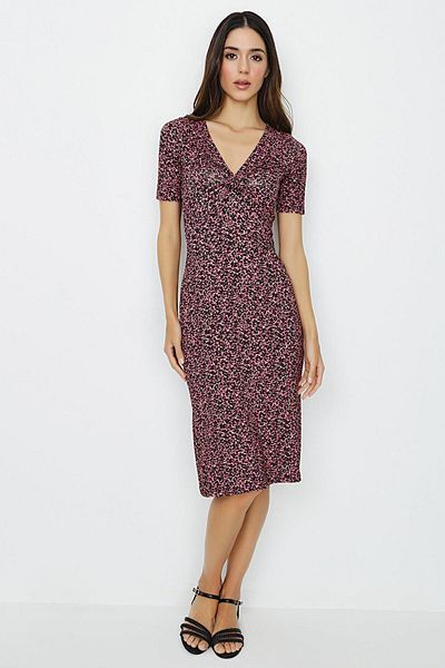 Select Moda Women's Pink Patterned V-Neck Knitted Midi Dress