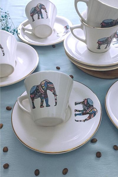 Glore Istanbul Elephant 12 Pieces Coffee Cup Set for 6 People