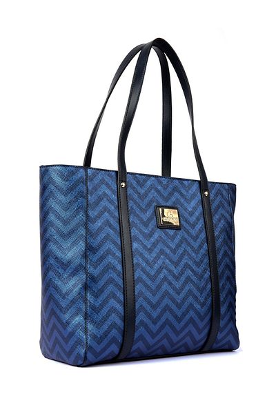 gio&mi Karen Women's Saks Blue Zigzag Patterned Hand and Shoulder Bag