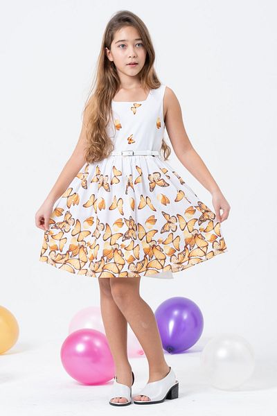 Kıvanç Çocuk GIRL'S COTTON LINED SQUARE NECK Sleeveless BUTTERFLY PATTERNED WHITE SUMMER DRESS