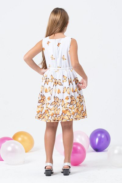 Kıvanç Çocuk GIRL'S COTTON LINED SQUARE NECK Sleeveless BUTTERFLY PATTERNED WHITE SUMMER DRESS