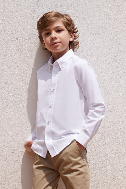 AC&Co / Altınyıldız Classics Λευκό Slim Fit Slim Fit Κουμπί κάτω γιακά Βαμβακερό πουκάμισο Oxford