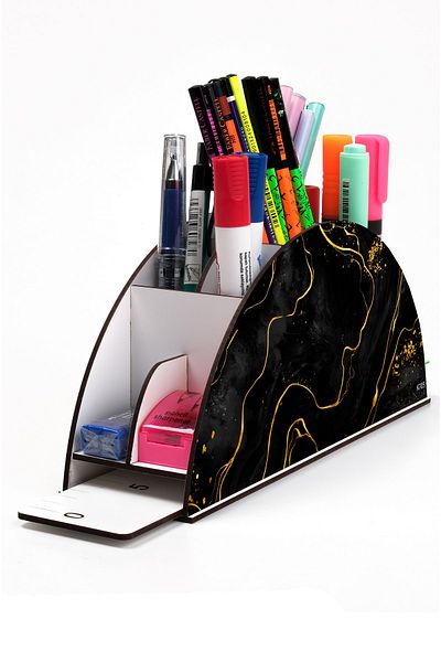 kutuTR Wooden Vip Marble Series Rainbow Ruled Desktop Pen Holder Organizer with Assembled Box