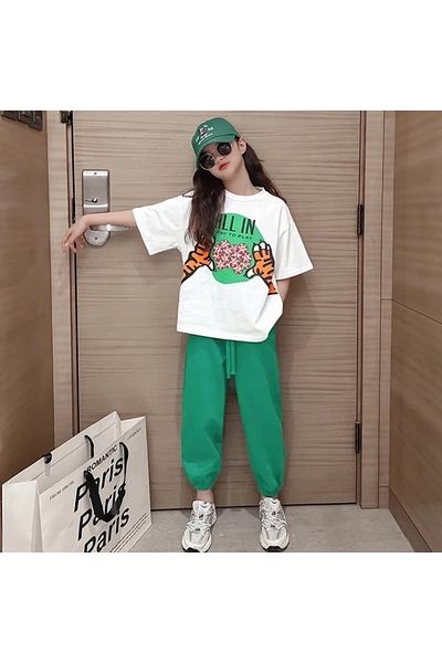 Keywest All In Pay To Play Tiger Hand Printed Short Sleeve Summer Girl's Tracksuit Set