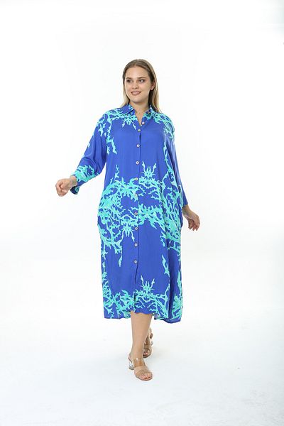 XL Modam WOMEN'S LARGE SIZE WOVEN VISKOSE BLUE SKIN BLUE PATTERNED SHIRT DRESS