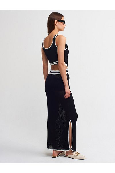 Dilvin 80109 Fustă tricotaje cu jumătate de fante - negru - ecru