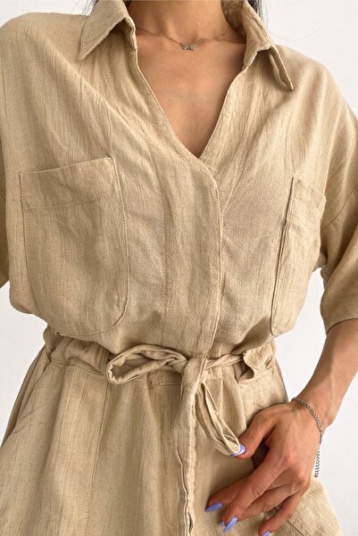 FEMELLE Women's New Season Double Pocketed Waist Gathered Belted Linen Jumpsuit