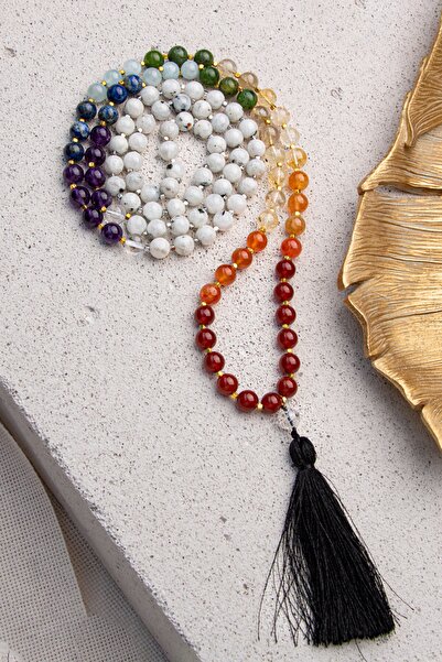 ÇAKRA DOĞAL TAŞ SİYAH PÜSKÜLLÜ DOĞAL TAŞLI 108 ÇAKRA DENGELEME MALA (ALTIN KA...