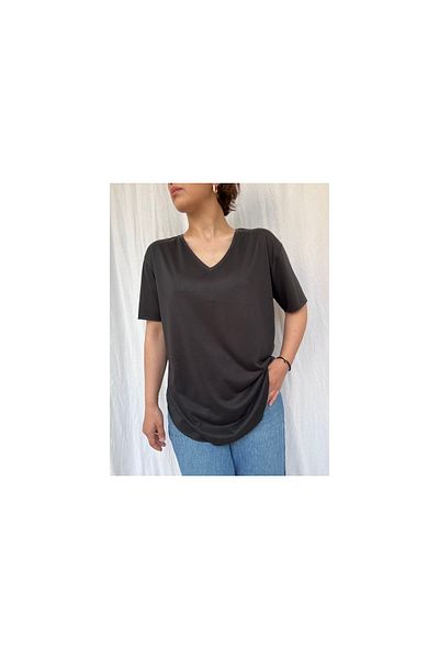 soBasic Tricou de bază negru cu decolteu în V modal cu mânecă scurtă