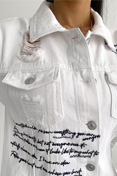 FEMELLE Jachetă de blugi de damă, albă, de sezon nou, tăiată cu laser, cu buzunare duble, cu broderie