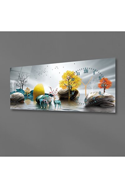 marpanya Yatay Yandan Saatli Sanat ve Doğa Temalı Cam Tablo 013