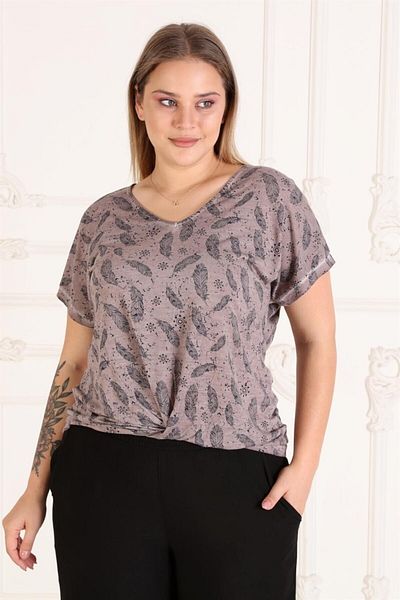 Seamoda Feather Print Detailed V-Neck Knotted Front Comfortable Large Size T-Shirt-Light Brown