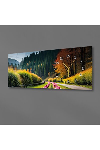 marpanya Yatay Yandan Saatli Sanat ve Doğa Temalı Cam Tablo 172