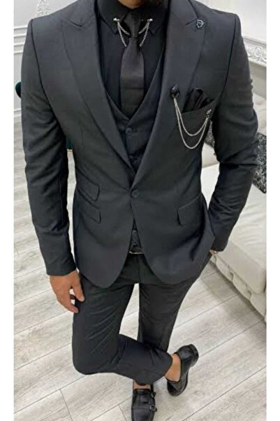 Tempee Slim Fit Yelekli Takım Elbise (Mendilli kravat & Yaka Zincir Aksesuarı Hediyeli)