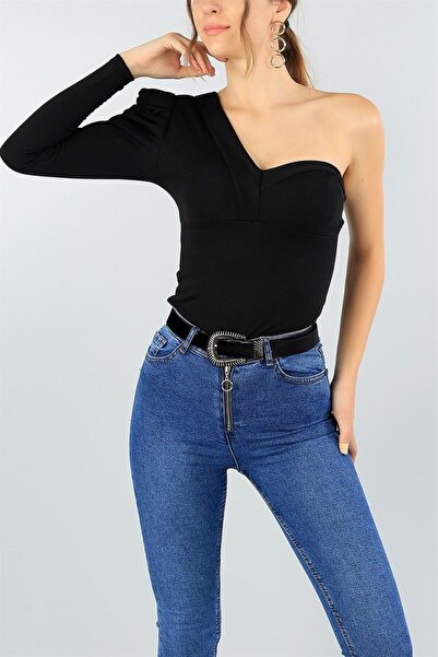 4S1B FASHION Γυναικεία μπλούζα με λεπτομέρεια στον έναν ώμο με μαύρη επένδυση μέχρι το στήθος