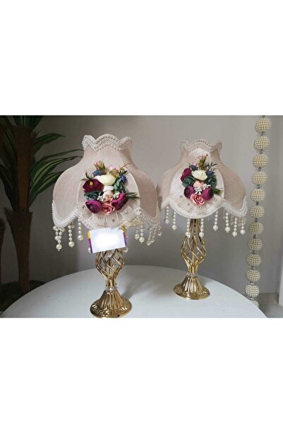Dekovien Çiçek Dekorlu Abajur 2 Adet Özel Tasarım Dekoratif Eşya