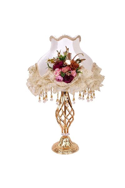 Dekovien Ecru Floral Patterned Velvet Lampshade Handmade - Classic Model