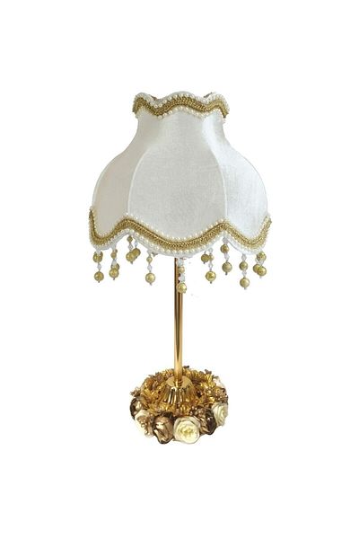 Dekovien Velvet Lampshade with Ecru Fabric and Flower Decoration and Gold Stripe