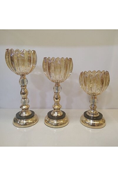 Gold home design 3 Lü Cam Şamdan Mumluk