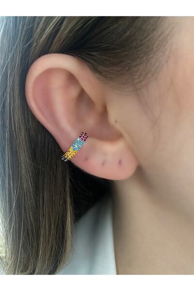 Pinery Jewels VIP SERİ - Kare Renkli Zirkon Taşlı Kıkırdak Küpe Earcuff