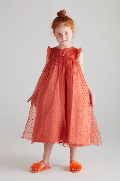 hoQuspoQus Girl's Ruffle Pompom Evening Dress - Orange