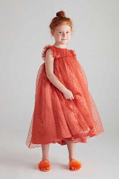hoQuspoQus Girl's Ruffle Pompom Evening Dress - Orange