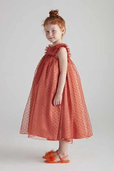 hoQuspoQus Girl's Ruffle Pompom Evening Dress - Orange