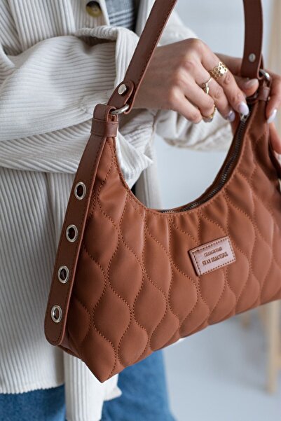 Cochines Women's Tan Quilted Patterned Baguette Hand and Shoulder Bag