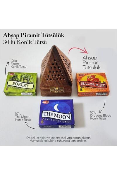 AKDENİZ VİTAMİN Piramit Ahşap Tütsülük Ve 3 Çeşit 10lu Konik Tütsü