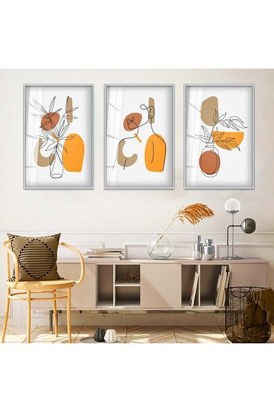 Zevahir Mobilya Dekorasyon Set de pictură din sticlă triplă, cu model abstract minimalist, cu cadru metalic argintiu