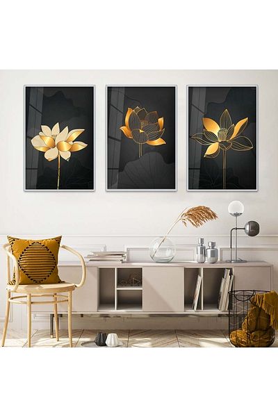 Zevahir Mobilya Dekorasyon Set de pictură din sticlă infransabilă cu model abstract cu flori din metal argintiu