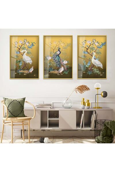 Zevahir Mobilya Dekorasyon Gold Metal Çerçeveli Tavus Kuşu Soyut Desen Üçlü K...