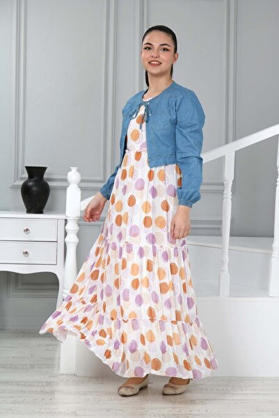 fmnbutik فستان بناتي من قماش الدنيم قابل للانفصال مع بوليرو منقط متعدد الألوا...