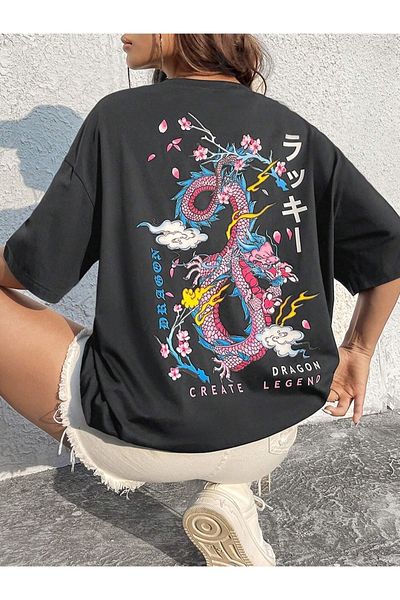 Machetta Large Size Colorful Dragon Front and Back Printed Oversize Crew Neck Summer Cotton T-shirt