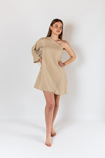 Zeliha Baysan Women's Muslin Summer Women's One Shoulder Beige Dress