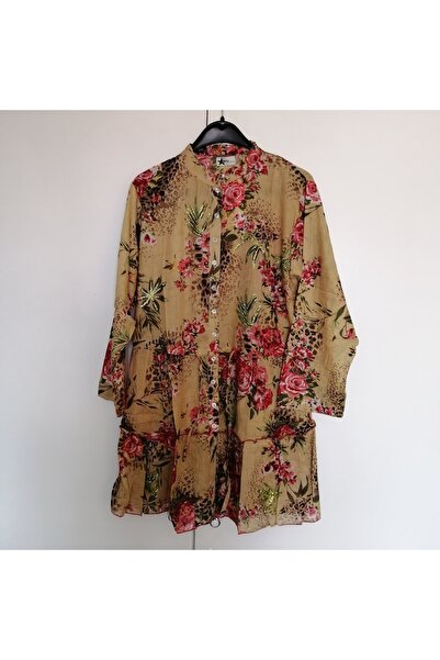 STAR İNDİA Otantik tülbent bej çok desenli el işi pul nakışlı önden düğme büz...