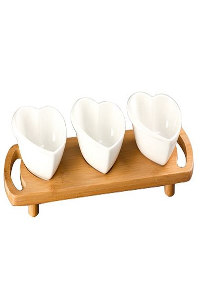 Kazanabil Heart Design Porcelain 3 Piece Presentation Set with Bamboo Tray and Handle