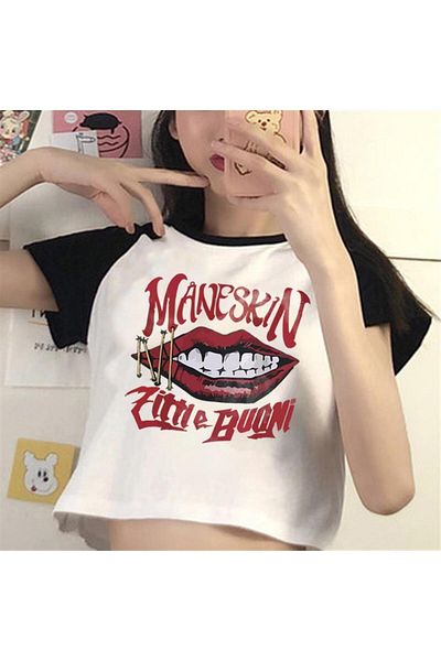 DESTİNE White Crop - Day Light Maneskin Lips με στάμπα Raglan μανίκι
