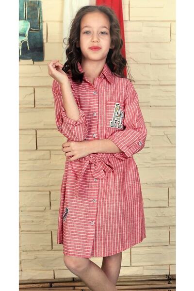 Nanica Kids Kız Çocuk % 100 Keten Kırmızı Renk Çizgili Gömlek Elbise