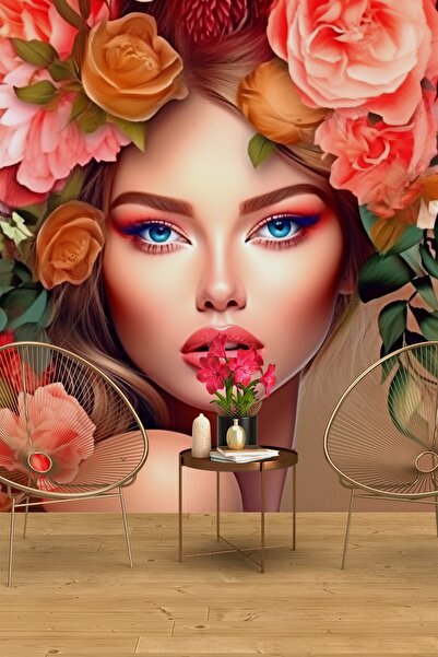 Dekoros Kadın Ve Bahar Çiçekleri Duvar Kağıdı, Tek Parça Kuaför & Güzellik Me...