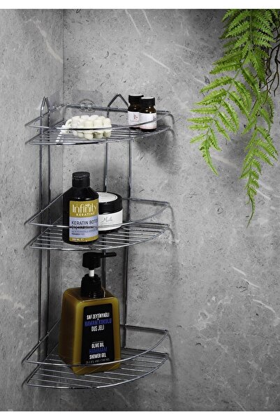 Sas Haus Dayanıklı Yapışkanlı Banyo Köşeliği Düzenleyici Şampuanlık Duş Rafı Krom EK-03