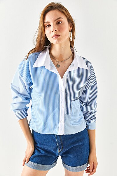 Olalook Cămașă țesătură crop cu buzunare, albastru bleumarin pentru femei GML-19001132