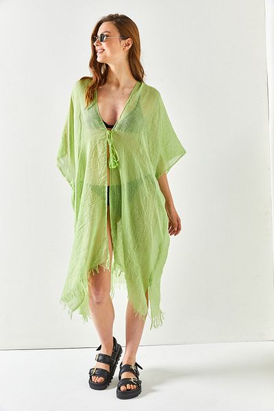 Olalook Ölgrüner Pareo-Kimono mit Schlitz und Spitze für Damen KMN-00000063