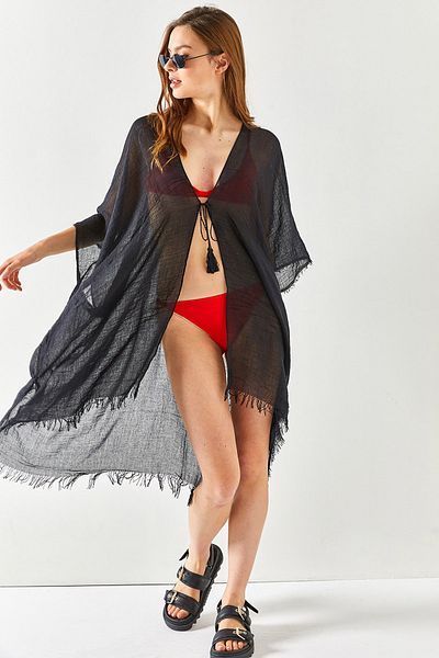 Olalook Schwarzer Pareo-Kimono mit Schlitz und Spitze für Damen KMN-00000063