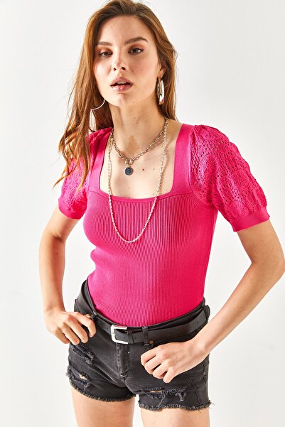 Olalook Γυναικεία φούξια μανίκια ανοιχτή κοντομάνικη πλεκτή μπλούζα με ραβδώσεις BLZ-19002337