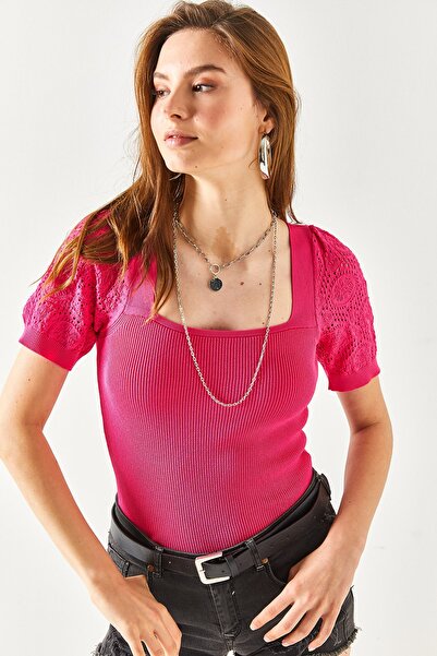 Olalook Γυναικεία φούξια μανίκια ανοιχτή κοντομάνικη πλεκτή μπλούζα με ραβδώσεις BLZ-19002337