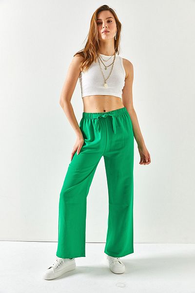 Olalook Women's Grass Green Elastic Waist Laced Palazzo Linen Trousers PNT-19000219