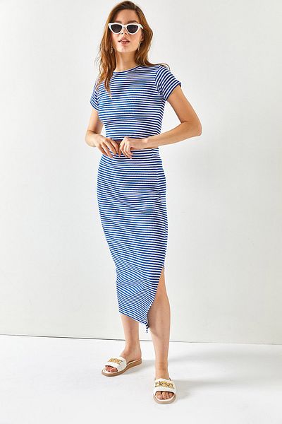 Olalook Жіночий смугастий лайкровий костюм Saks Blue з коротким рукавом і спідницею з розрізом TKM19000194