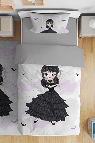 EVPANYA Çizgi Gri Danscı Wednesday Desenli Tek Kişilik Bebek Çocuk Nevresim Seti