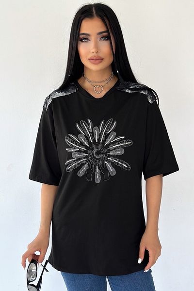 FEMELLE Tricou de damă din bumbac brodat cu paiete negre